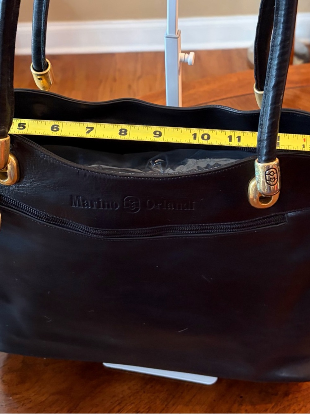 Marino Orlandi Black Embossed Rose Leather Tote with Gold Hardware - Picture 7 of 11